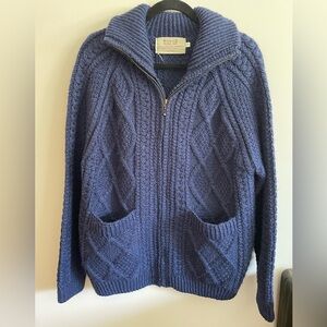 ARAN SWEATER MARKET- Hand Knit Zipper Cardigan with Pockets, blue, size small